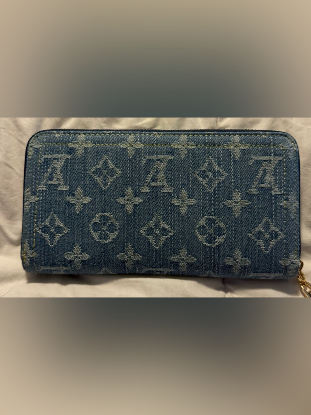 Fashionable Denim Monogram Zip Around Wallet in Blue